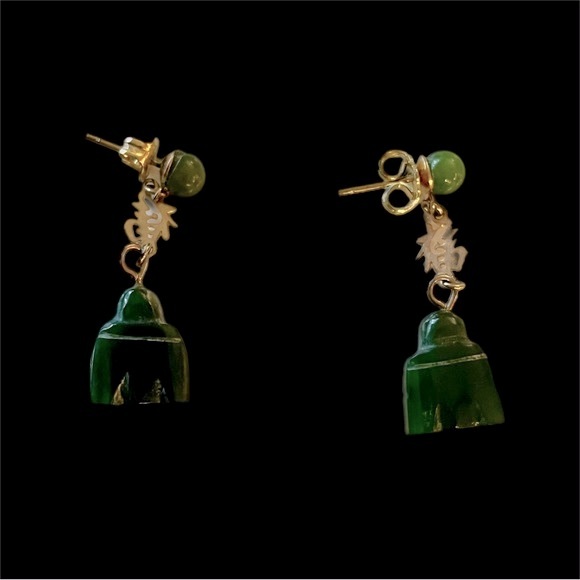 Vintage Carved Jade and 14K Gold Buddha Earrings - SALE - Picture 3 of 3